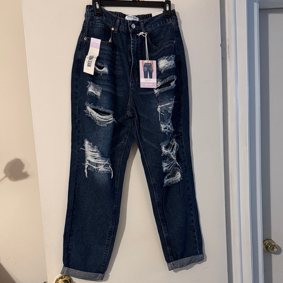 Wax Jean Denim - Wax Jean Dark Distressed Mom Jeans